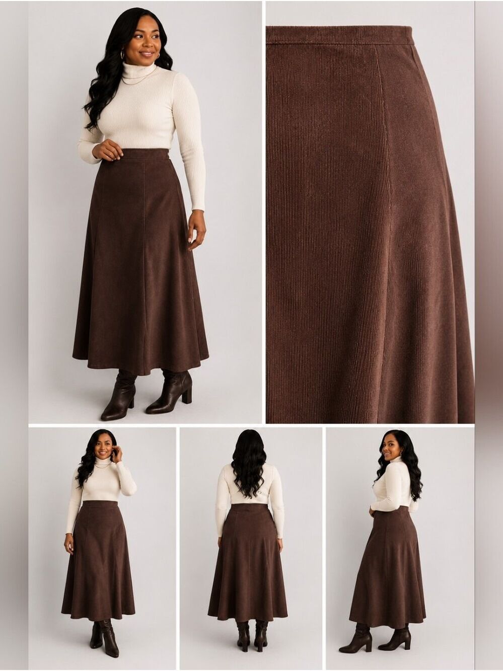 Melissa Paige | Vintage Brown Corduroy A-Line Midi Skirt | Classic Fall & Winter